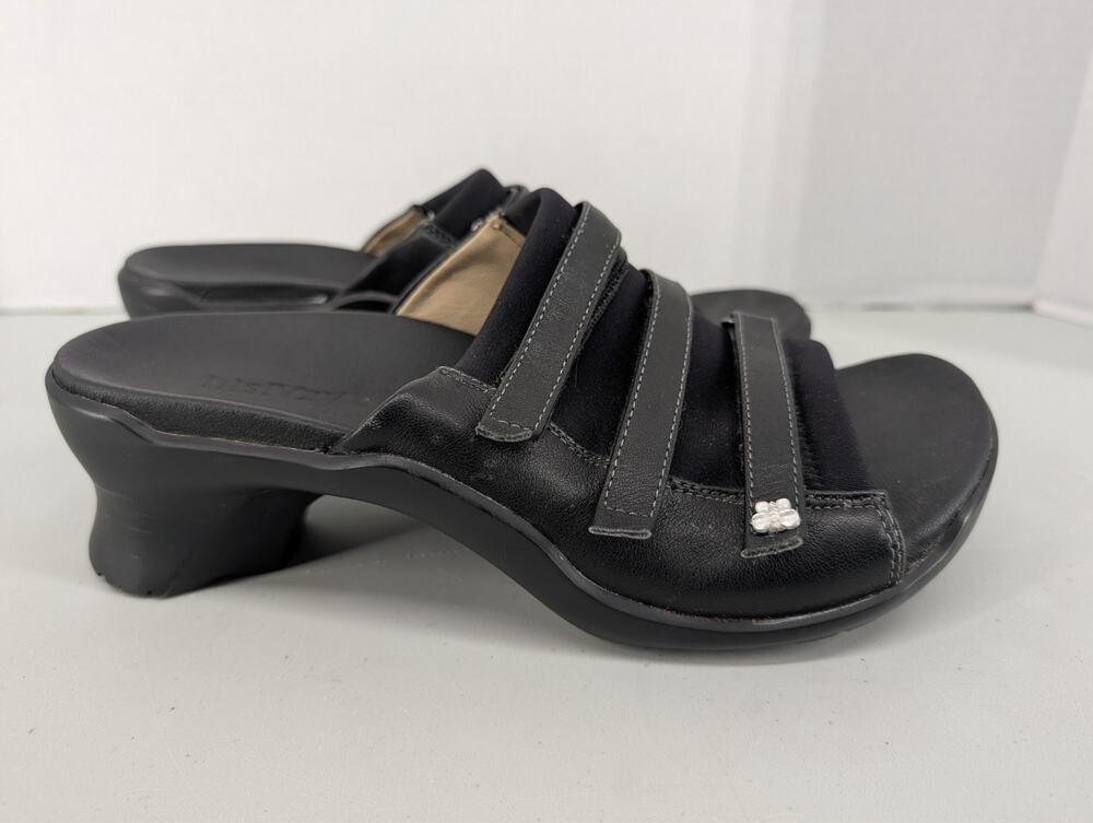 Akaishi Womens Black Heeled Slides Sandals Strappy Chunky Slip On Comfort Size 9
